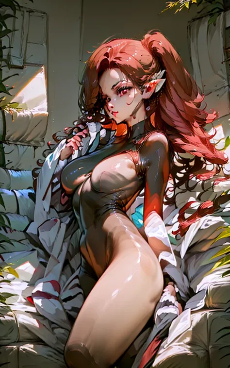 La Línda demon girl with a height of 175cm medium breasts long red hair and red eyes brown skin elf ears small black leathers black bodysuit 