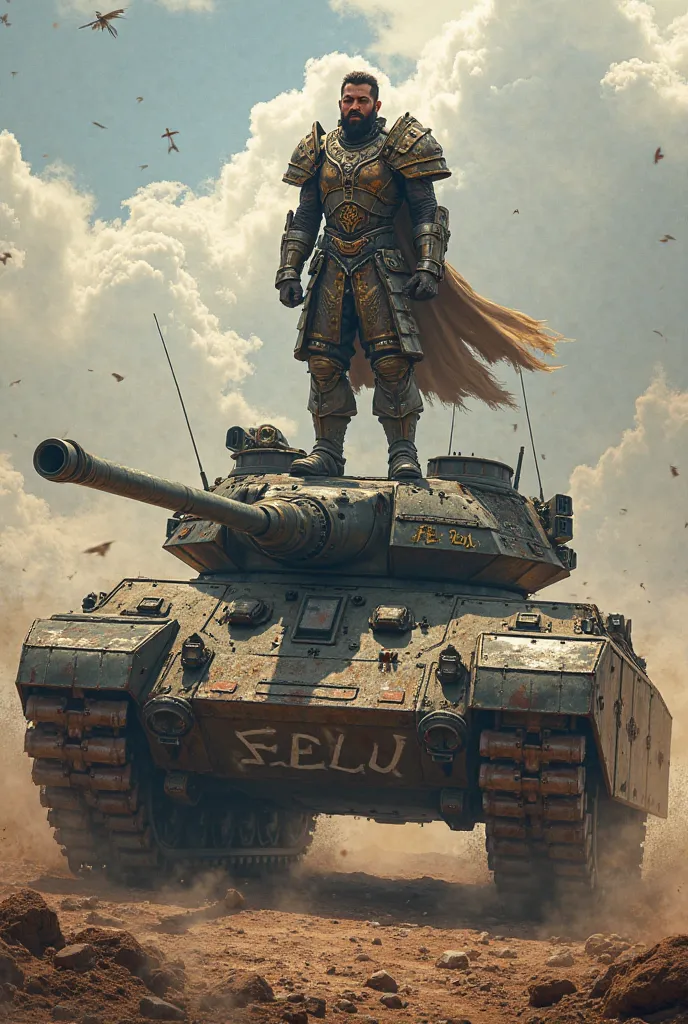 warrior, driving a war tank with the text FELU