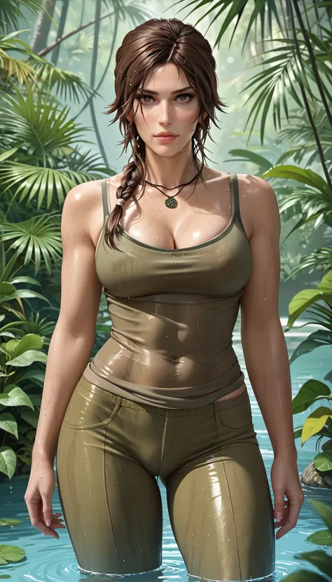 (masterpiece, best_quality:1.2), 1girl, solo, mature female, Lara Croft, braided hair, beautiful eyes, female focus, looking at viewer, athletic body, medium breast, cleavage, wide hips, ((solo)) detailed, very high resolution, no blurry image, beautiful, ...