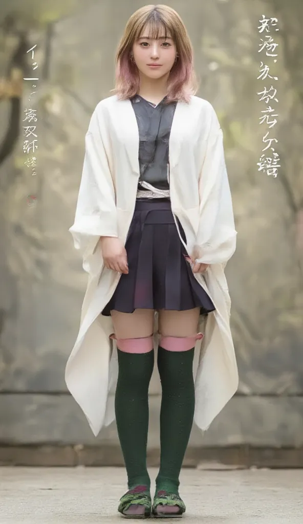 *"A highly detailed and realistic portrait of a 20-year-old Japanese woman dressed in a cosplay inspired by Kanroji Mitsuri from Demon Slayer. She has long, thick, wavy hair that transitions from soft pink at the roots to light green at the tips, styled in...