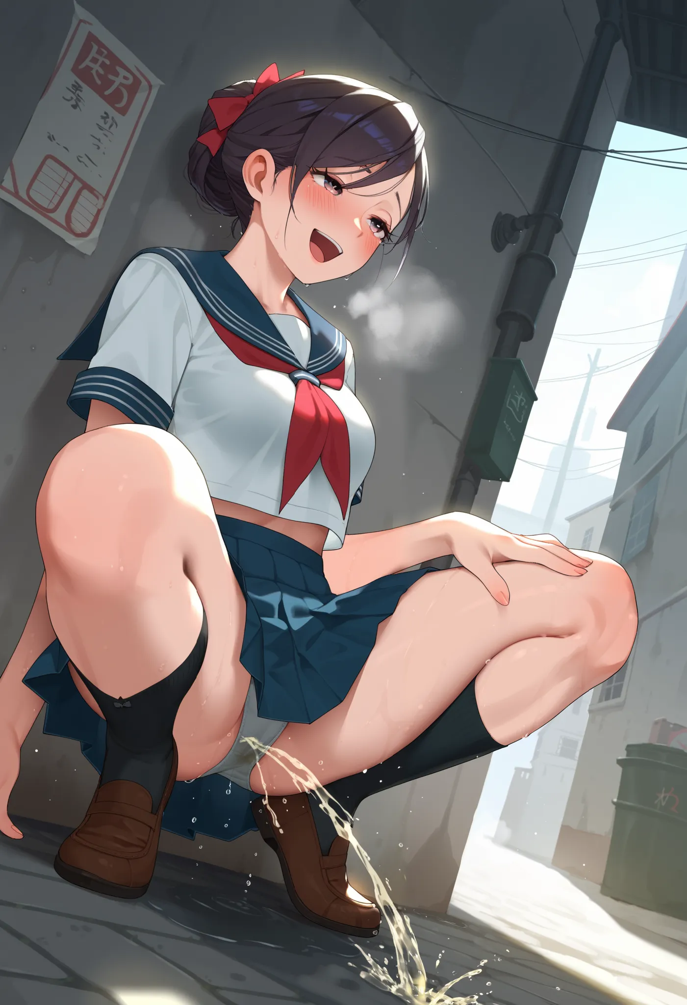 orgasm face, blush, open mouth, shame smiling, medium breasts, thighs, sailor u, narrow alley, documents, socks, updo hair, (((a bollard inside her skirt))), (((moist breath))), leaning forth, peeing, crouching,  Feet in shoes spread about shoulder-width a...