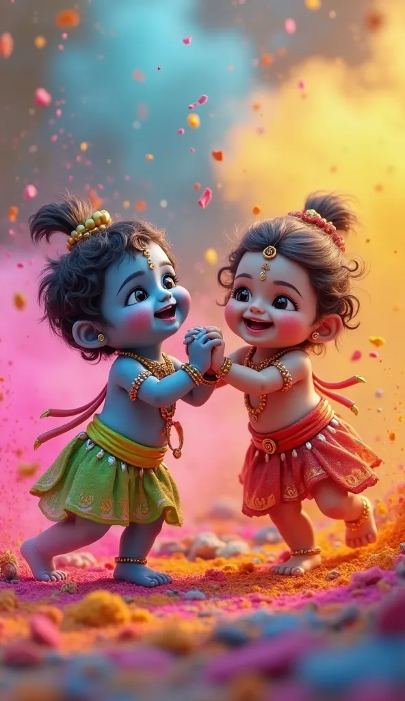 Animated 3d, kawaii style, the finger should be 100% perfect, Little adorable blue baby Krishna is dancing with Baby Ganesha ( Red ethnic dress, on a heap of colours on Holi, the air is filled up with lots of beautiful Holi colours, perfect prominent clear...