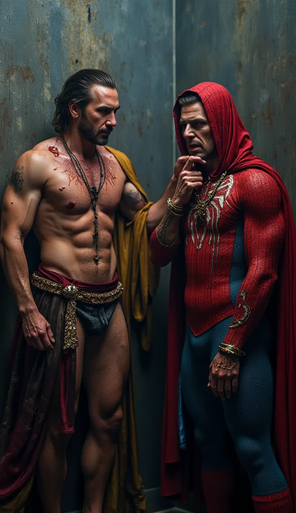 An ultra-realistic 8K image showing Spider-Man in pure despair as he realizes his body has become extremely thin. His superhero suit appears loose on his body, while Doctor Strange scratches his head with a look of regret. The scene is professionally lit, ...