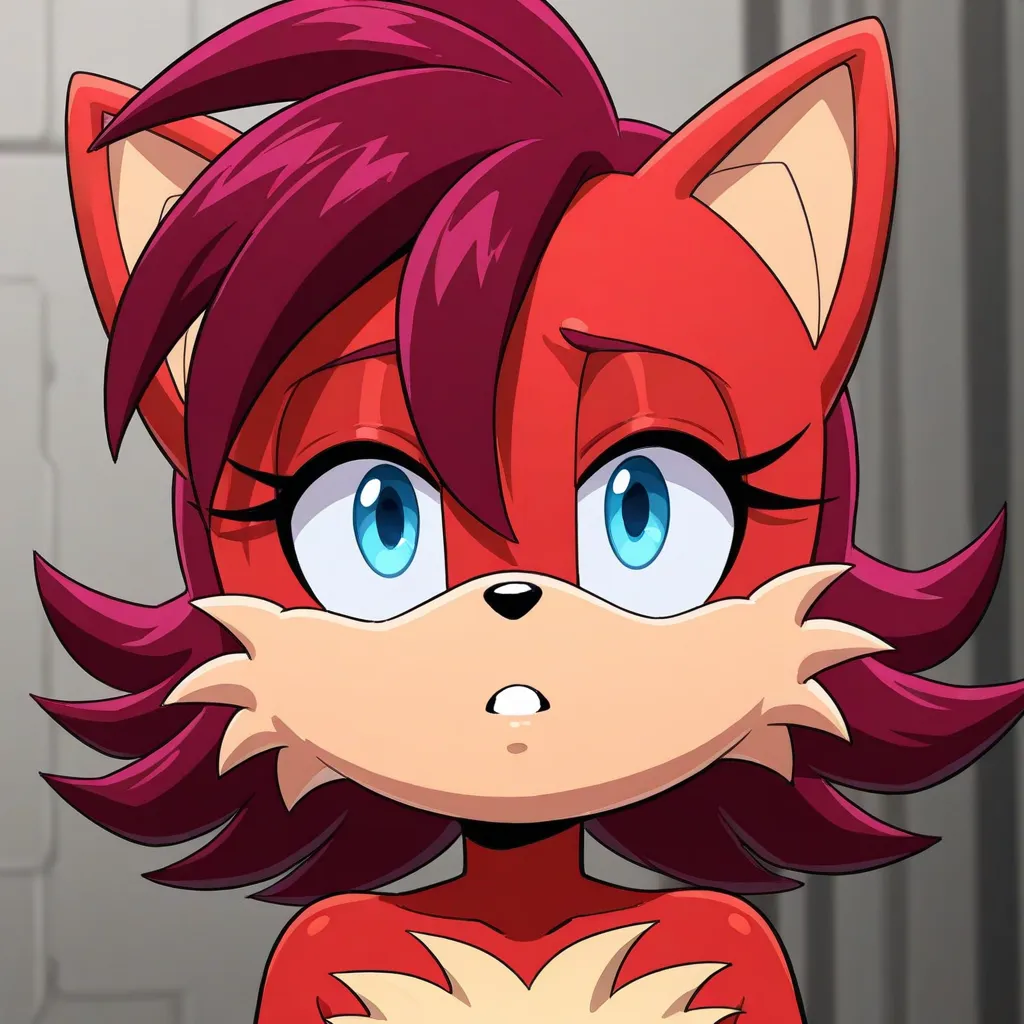 The woman served in the Army. ,Fiona The Fox_\(Sonic\), Red-Beige Fur, Light Blue Eyes, Maroon Hair, Fox Girl, 