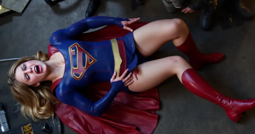 Melissa Benoist as Supergirl, (a very short skirt), lying on the floor, she is sexual assaulted by Lex Luther the robot, she push his hand out, a green lighting collar on her neck, painful face, (Supergirl is screaming in pain), Lex Luther is a strong big ...