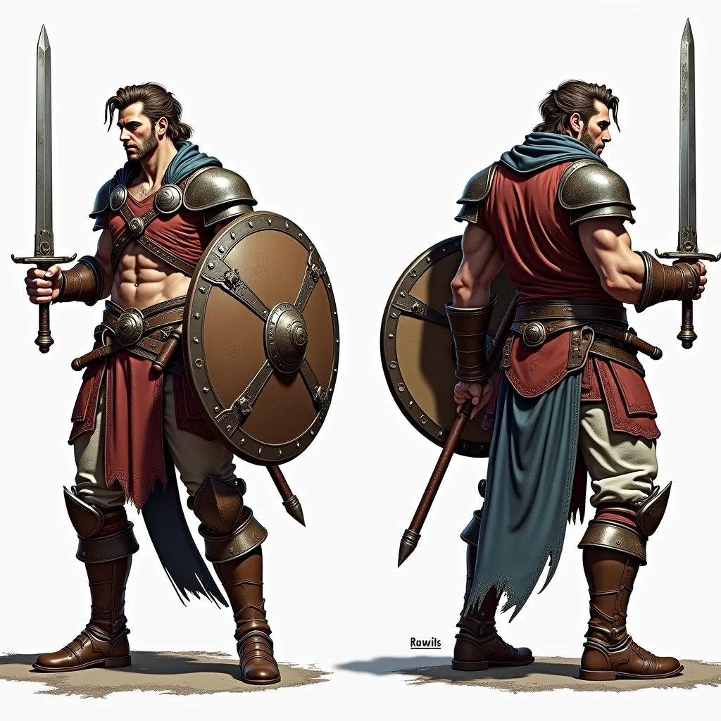 Create a detailed concept art designe for a Game like baldurs gate. hig cuality imagen , the character is a human guarrior. The charácter is showing full body , he gat perfect body ,he is whearing leaher armor, is whearing an iron helmet, full hd cuality, ...