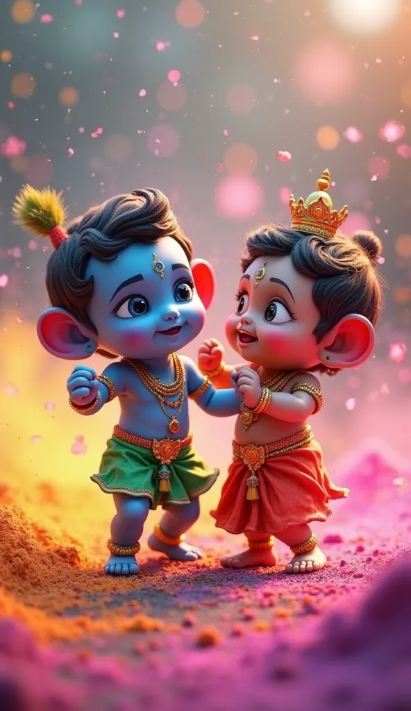 Animated 3d, kawaii style, the finger should be 100% perfect, Little adorable blue baby God Krishna is dancing with Baby God  Ganesha ( Red ethnic dress), on a heap of colours on Holi, the air is filled up with lots of beautiful Holi colours, perfect promi...