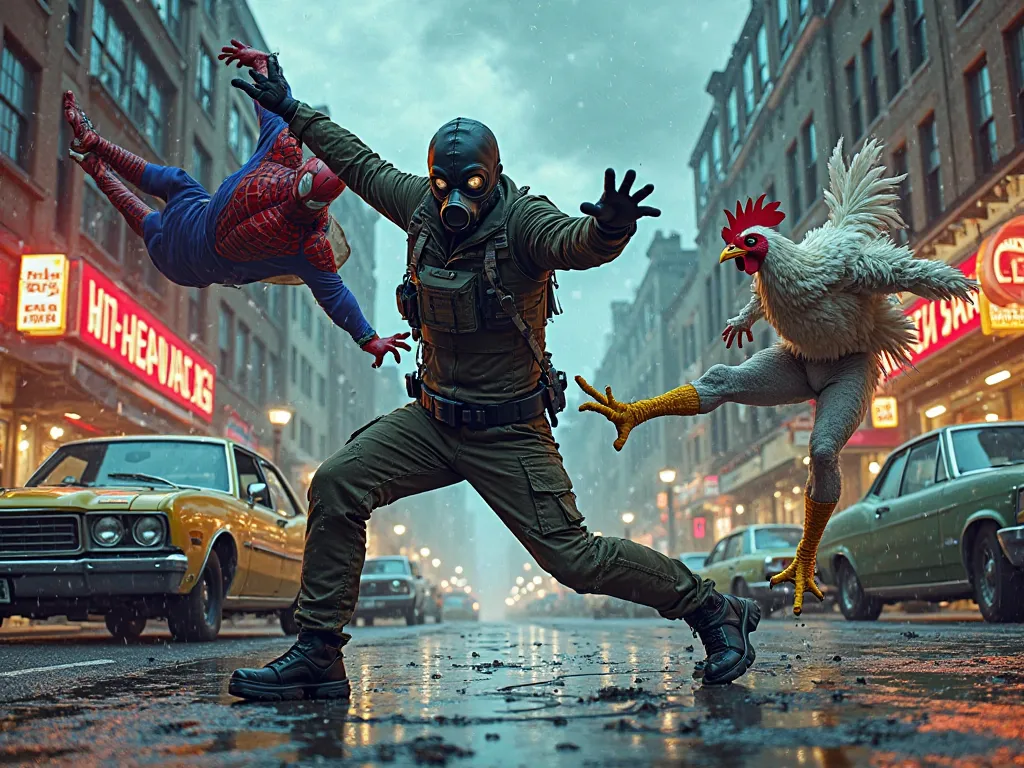 Dynamic and epic comic book scene in the middle of an urban street: A man wearing a black gas mask,  dressed in worn-out tactical clothing , is in a fierce fight against two unusual opponents. To your right, a man who looks like a humanoid chicken—with whi...