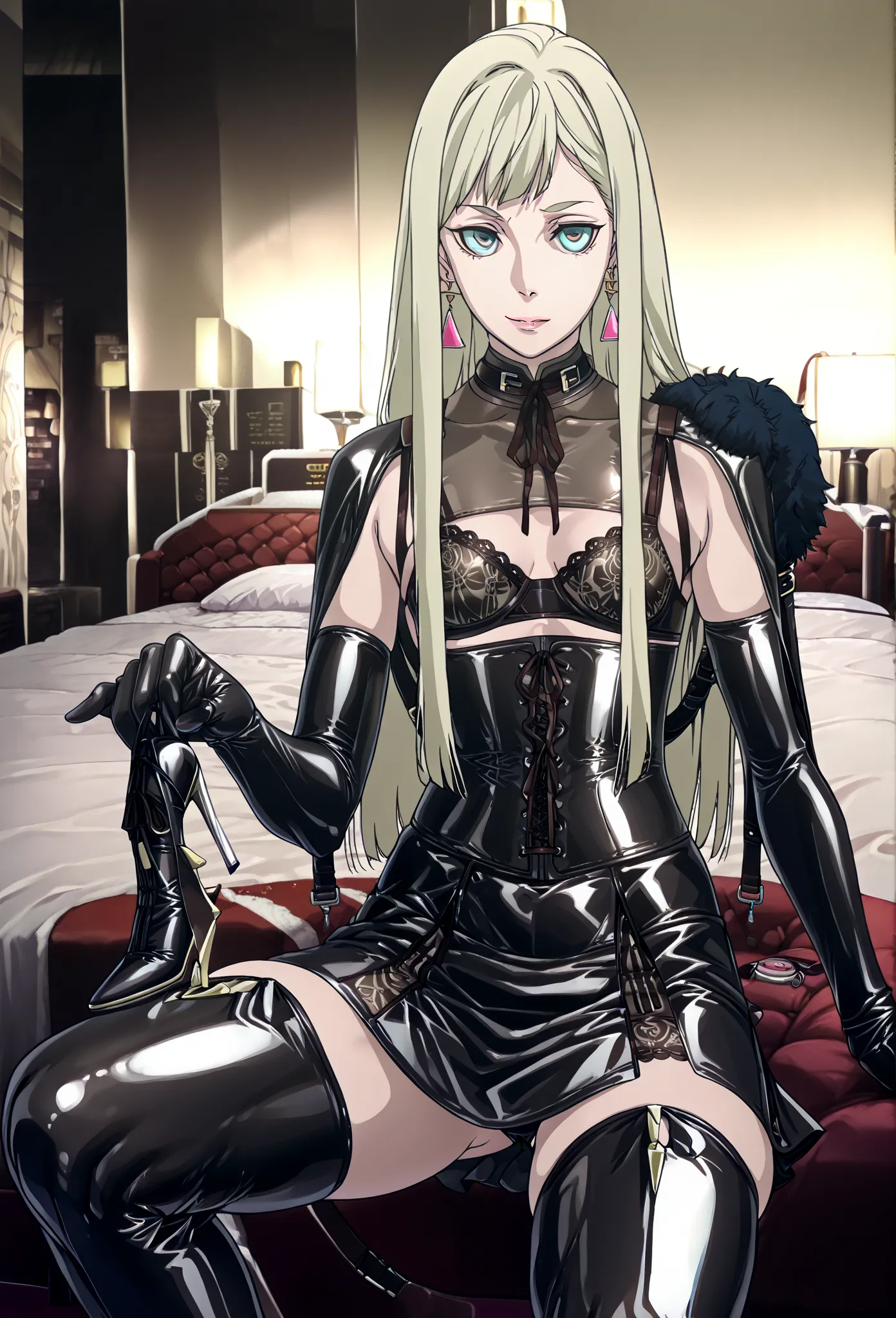 Cutting seat、 wariza、spread legs、BDSM、Queen、mistress、holding chastity cage:1.8、 I have a riding whip on my right hand:1.8、(((One girl)))、(((solo:1.8)))、(((black latex elbow gloves:1.4)))、(((black latex corset dress:1.4)))、(((corset dress is decorated with ...