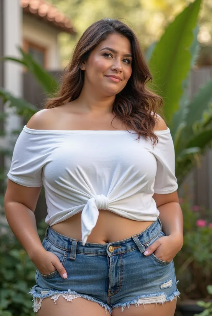 "A curvy plus size muscular woman with medium-length brown hair, posing confidently outdoors in a garden setting. She is wearing a loose white off-shoulder t-shirt tied in a knot at the front, revealing her toned midriff, paired with stylish blue denim sho...