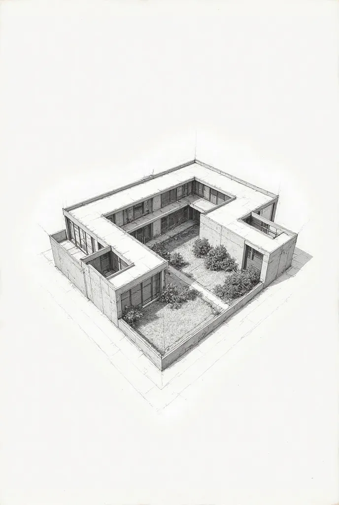 A pencil drawing of a basic outline of a 2-story volume, U-shaped with a central garden