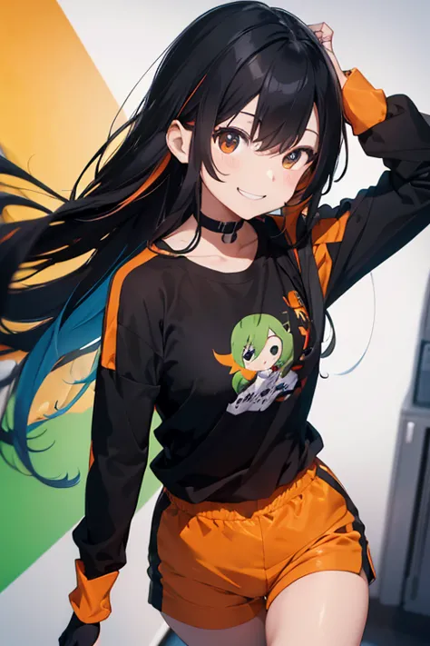 Young , long loose multicolored hair, black hair and orange hair, wearing a black long sleeve t-shirt and dark green shorts and gloves, smiling. best quality, HD,  masterpiece, detailed 1.2