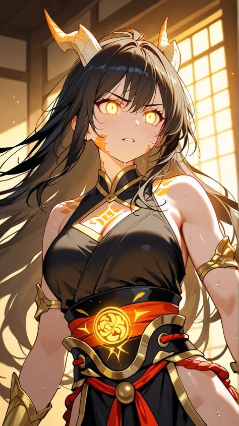 A stunning close-up of a fierce dragon-kind female warrior with an intense and determined expression. Her sharp, glowing eyes radiate unwavering focus, framed by elegant dragon horns and strands of wild, flowing hair. Her skin has subtle shimmering scales ...
