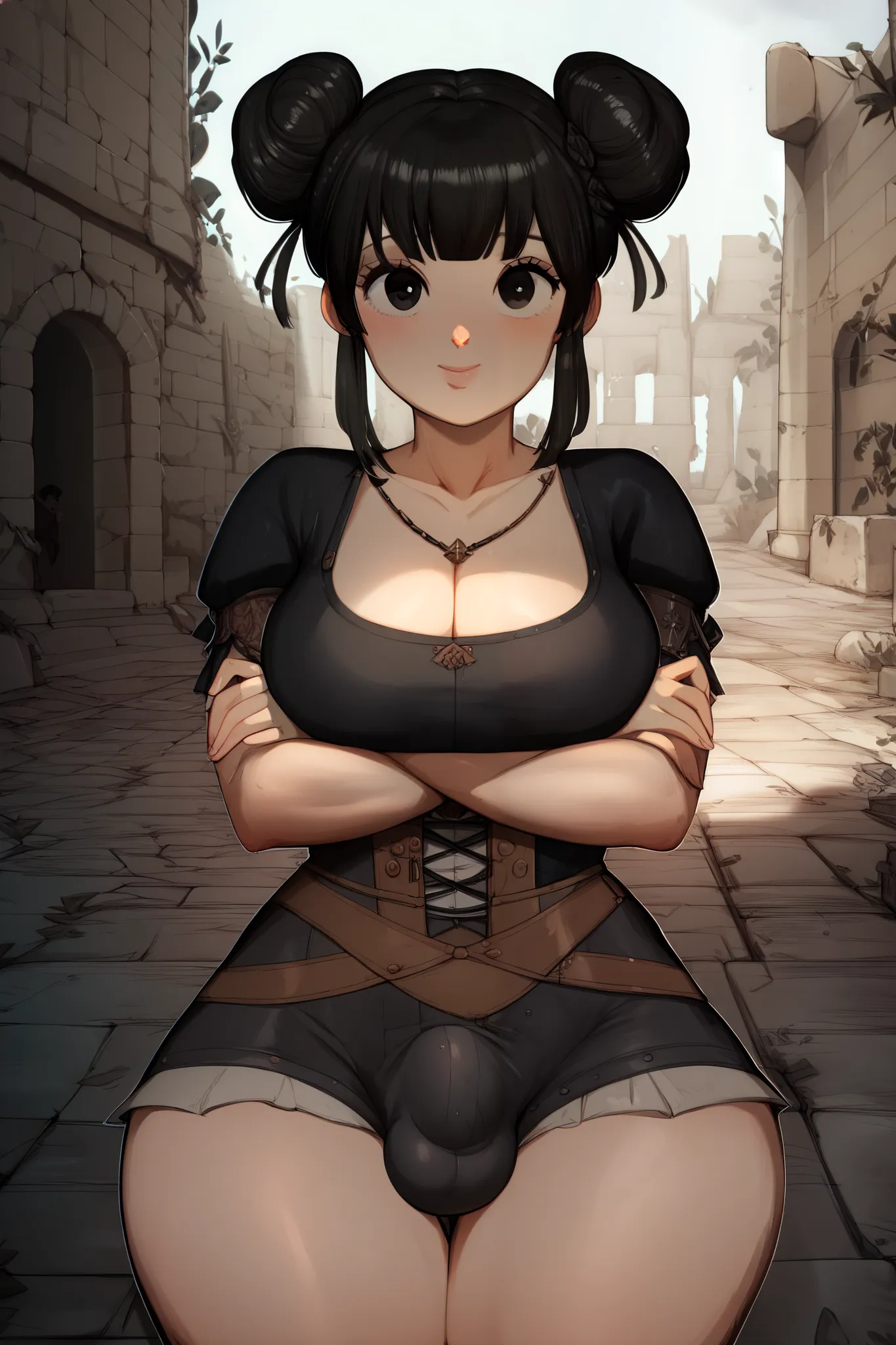 ((Cute short futanari girl,black hair with buns,bangs,cute black eyes,fair skin,wearing medieval-style black top with black shorts with bulge,wide hips, big breasts)),(((Background of medieval ruins, neutral expression,stand crossing arms,front view)))