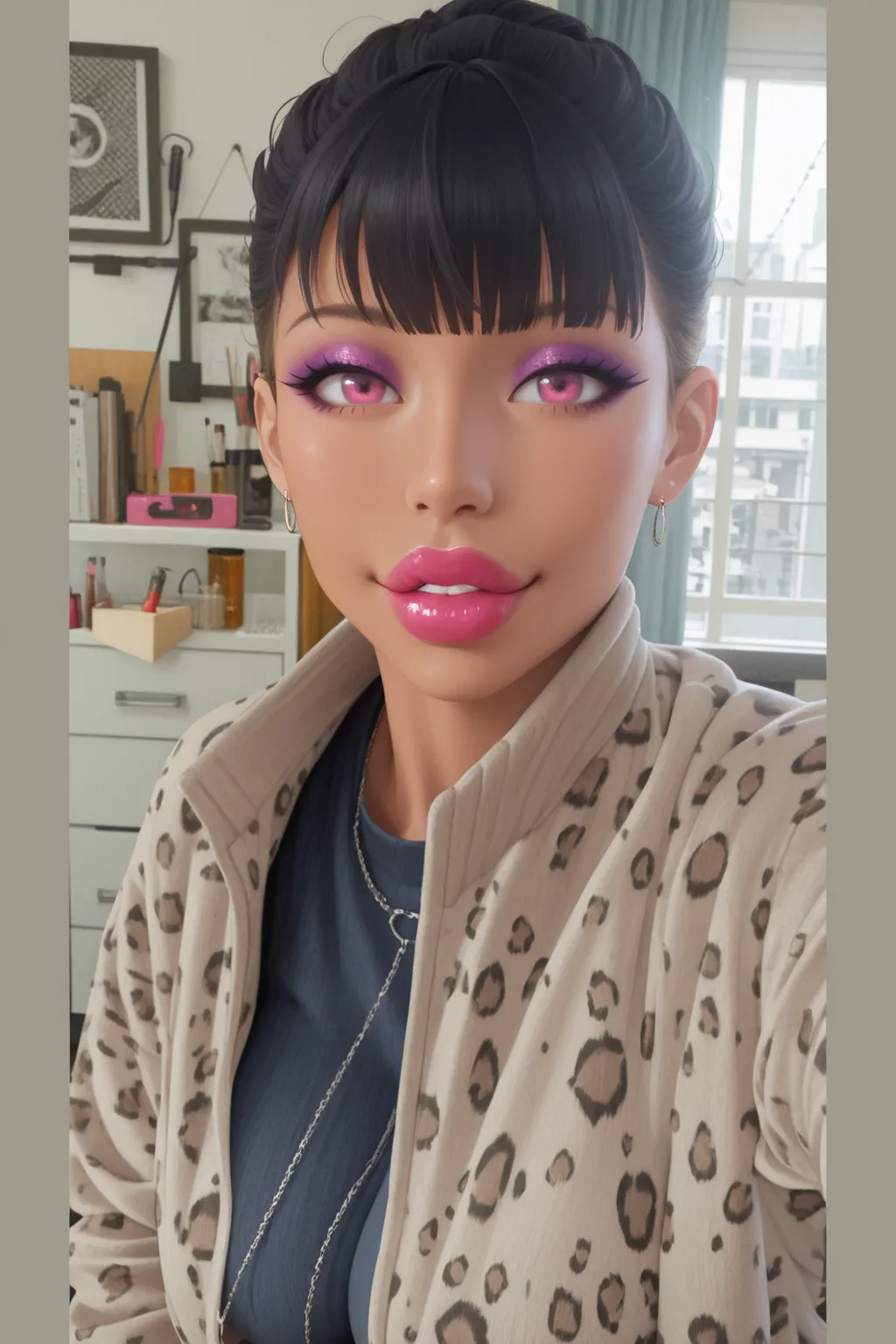 Big lips,  Blonde Hair, pink eyes, ( dark skin :1.2),[貓 girl,Tail,  girl, (Big Breasts), wide hips, sexy, voluptuous, (Eyeshadow:1.2),Lipstick, Pink theme , cute, deTailed,  girl房間, decorate, Bangs,  girl outfit, cute, 百褶裙, Cutting,  giant  ,  gigantic , D...