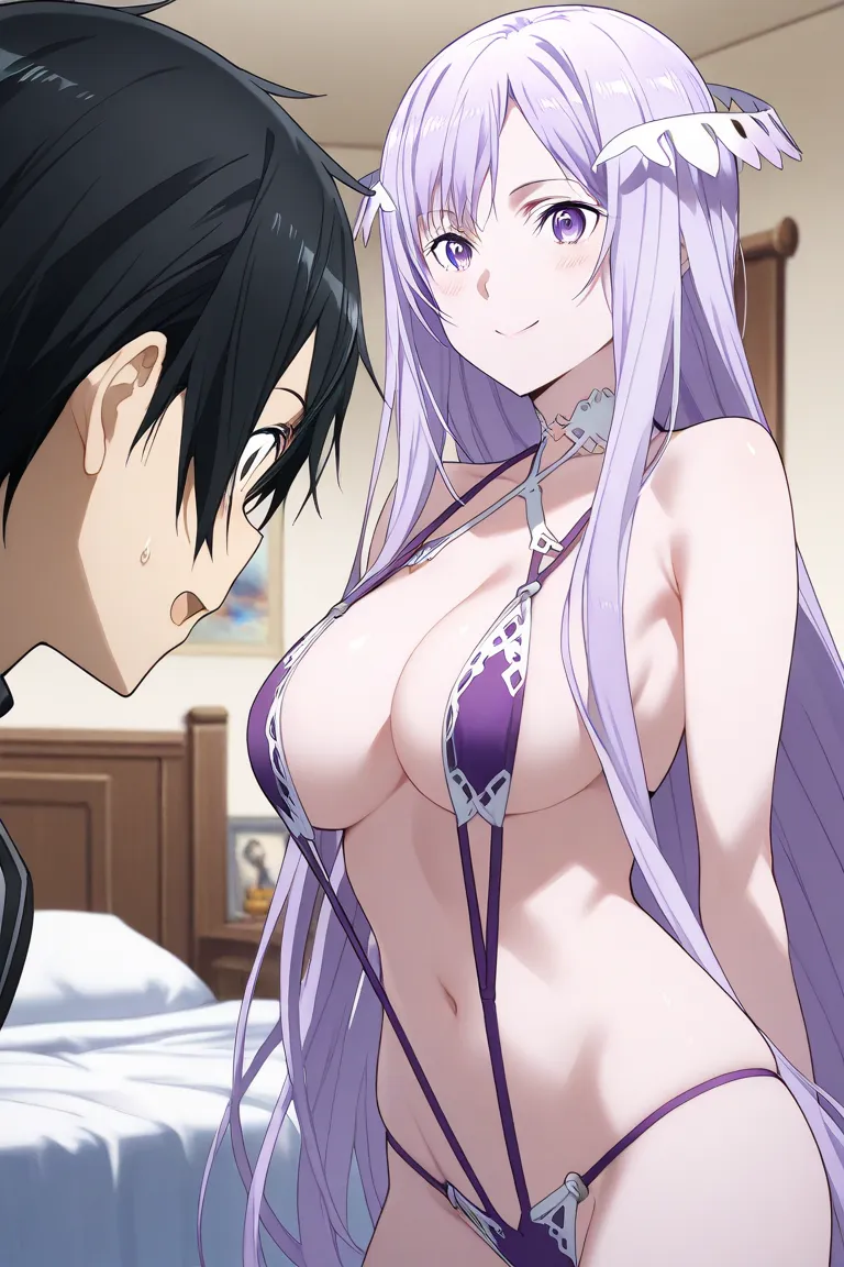 Kazuto and Quinella, Quinella with cow slingshot bikini, Quinella Kinky Smile, Kirito surprised, room, Welcome 