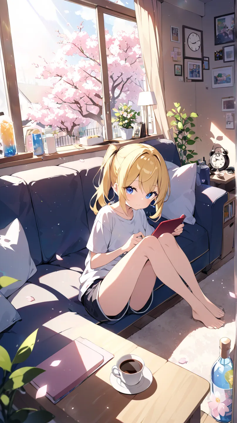 one&#39;s home、Private room、sofa、Gentle light comes in through the window、Cherry blossoms are in full bloom outside、 backlit、cat、Potted flowers、clock、magazine、Smartphone、tv set、1 girl, solo, blue eyes, yellow hair、Twin Ponytail、 everyday wear、shorts、drink ...