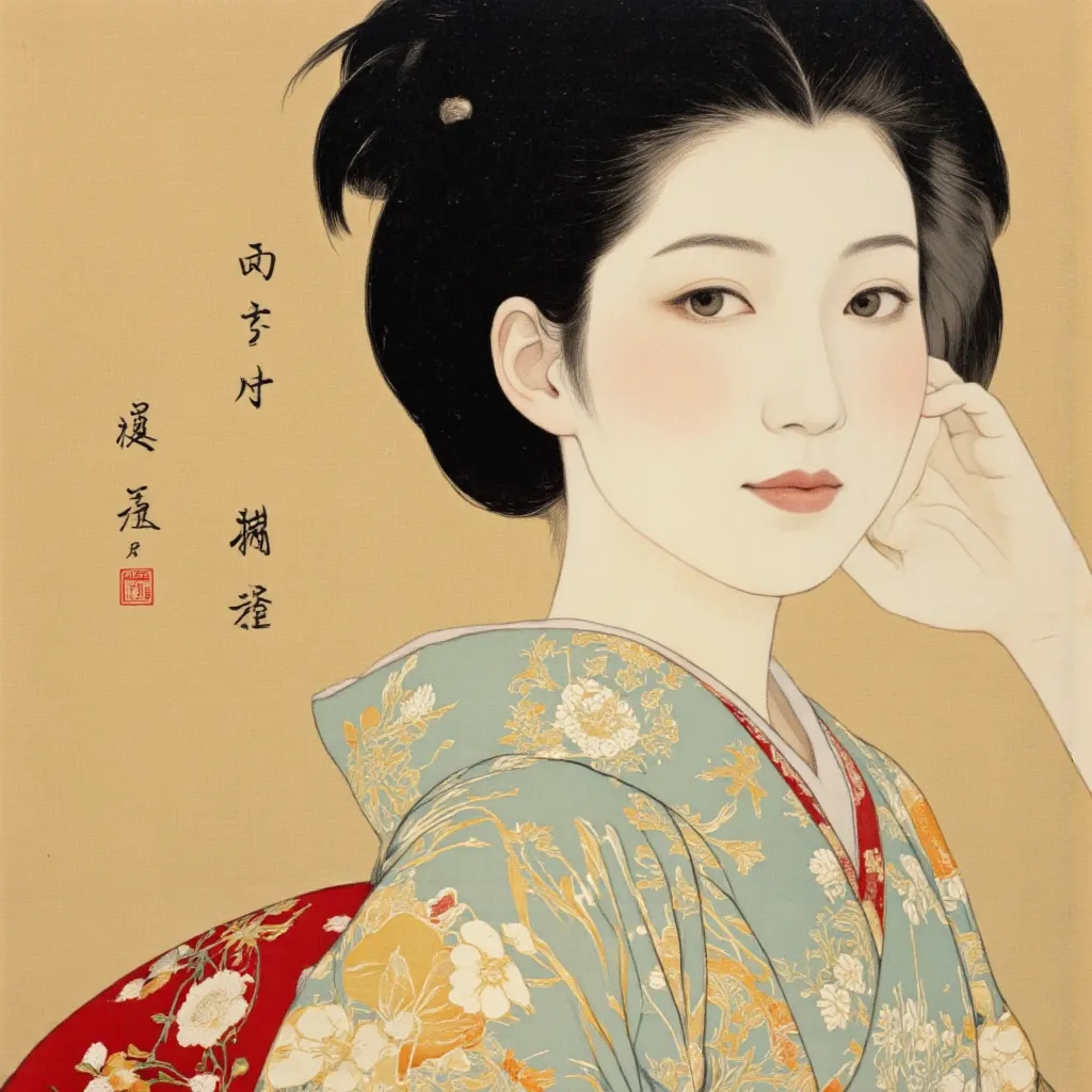 By Matsumoto Taiyo. headshot, closeup shot, High quality design aesthetic, disco, funk, synth pop, nostalgic, detailed, simple, melancholic, pop album cover, Japan, Japanese woman, young geisha, kimono, tsukioka1 Japanese woodblock print ukiyo-e, nhng.