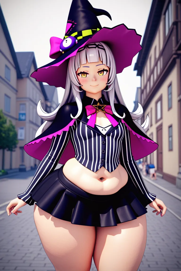 Murasaki Shion  [Hololive], Murasaki Shion , small breast, huge butt, large butt, very wide butt, very wide ass, very big butt, big butt, very plump thighs, very enormous thighs, very big thighs, huge thighs, large thighs, thick thighs,   Silver Hair、　 yel...