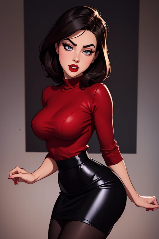 A beautiful Caucasian female whose facial features are a combo of Krysta Rodriguez + Elizabeth Gillies + Susan Egan. The female wears a red sweater and a black leather pencil skirt and black high heels. The female has lovely makeup on her face. The female ...