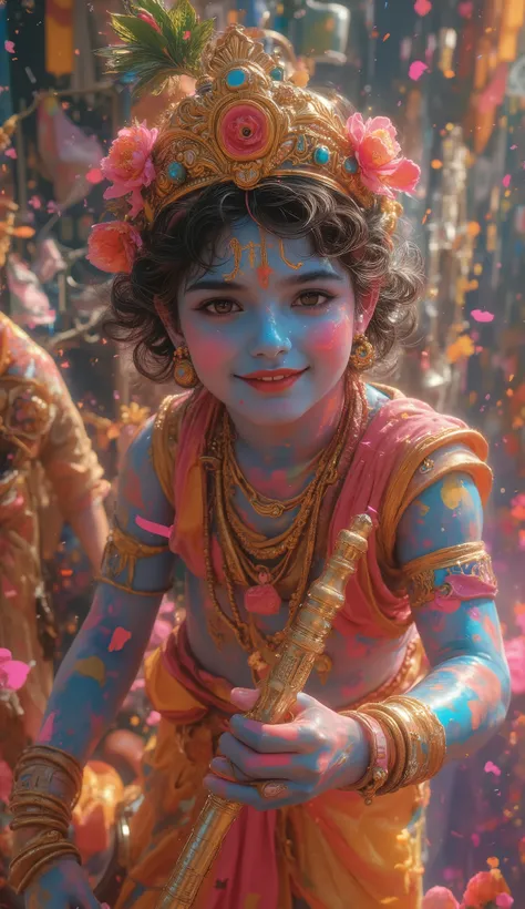 "A stunning digital painting of (20yrs old) Lord Krishna playing Holi, his blue skin glowing under vibrant splashes of pink, orange, and yellow colors. He holds down a golden flute in hand, he is looking upwards at me with his expressive eyes filled with m...