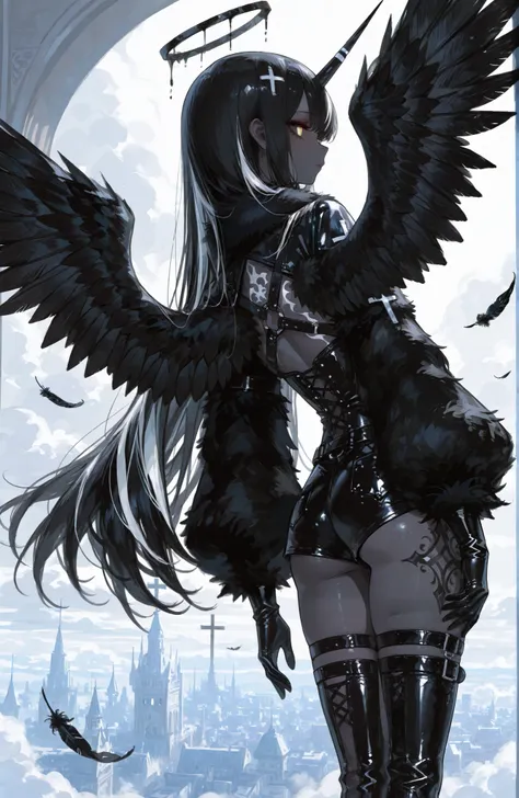 The girl is a fallen black-and-white angel. Her long hair is obsidian black straight with white highlights. her eyes are dark black with white  crosses-like  pupils.  She has dark-grey skin and pointed ears. on her skin she has a tattoo of the silver cross...