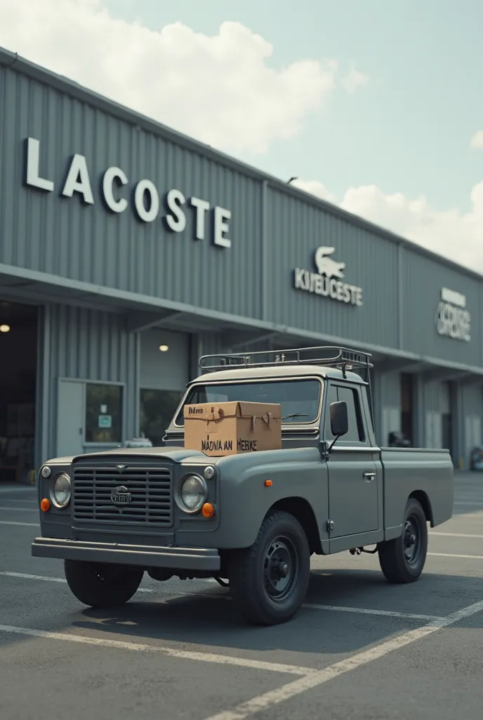 A Grey double-cabin car stands in front of a Lacoste Holdings LLC branded warehouse and a brown cartoon box  sealed and clearly written Nadia Van Heeke packed at the back of the car 