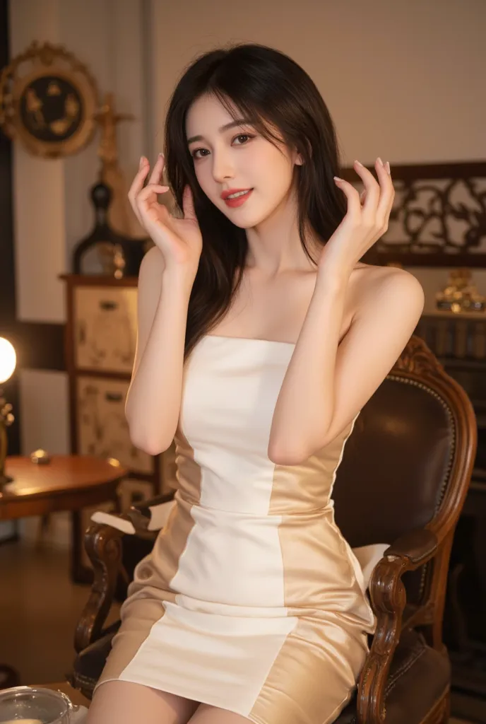 A 20-25-year-old woman with a well-proportioned figure, wearing a luxurious strapless white and gold satin dress with a leather-like sheen. The knee-length dress has a glossy, elegant finish. She raises both hands wide open, cupping them around her mouth a...