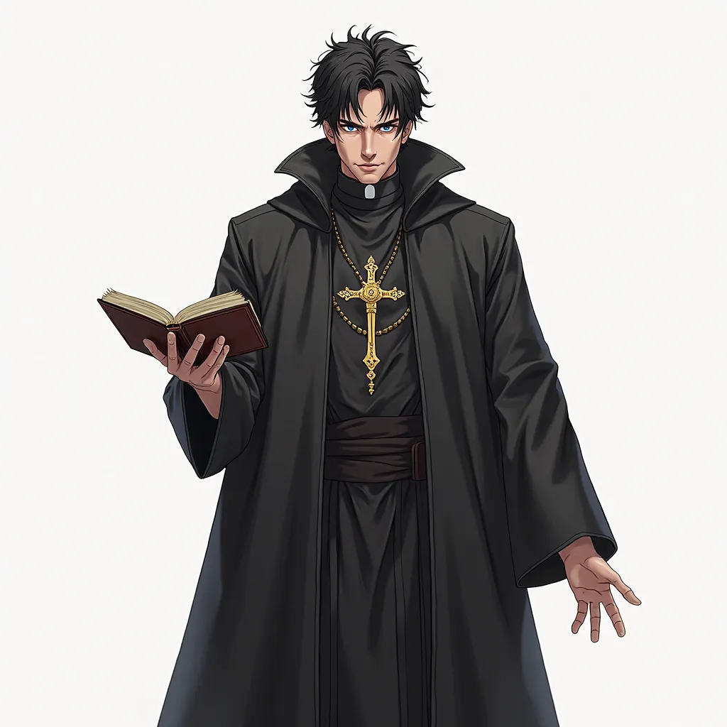 ((best qualityer,4K,high resolution,work of art:1.2)),((concept character art)(Anime style)), 1 men, 30 year old Priest, medium dark messy hair, no facial hair, Clean Face,  Colected fac Lewd, ((intricate-detail)), Hands super detailed, ultra-detailed fing...