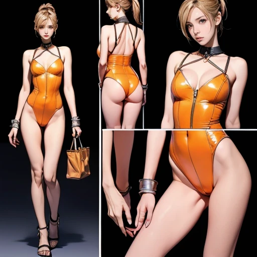 ((masterpiece)), (((highest quality))), ((detailed character design sheet)), thigh gap, thin thighs, (slender body:1.5), long legs, young redhead woman, orange latex prison leotard, high-heel sandals, large breasts, cleavage:2.5, ((blonde)) hair in high po...