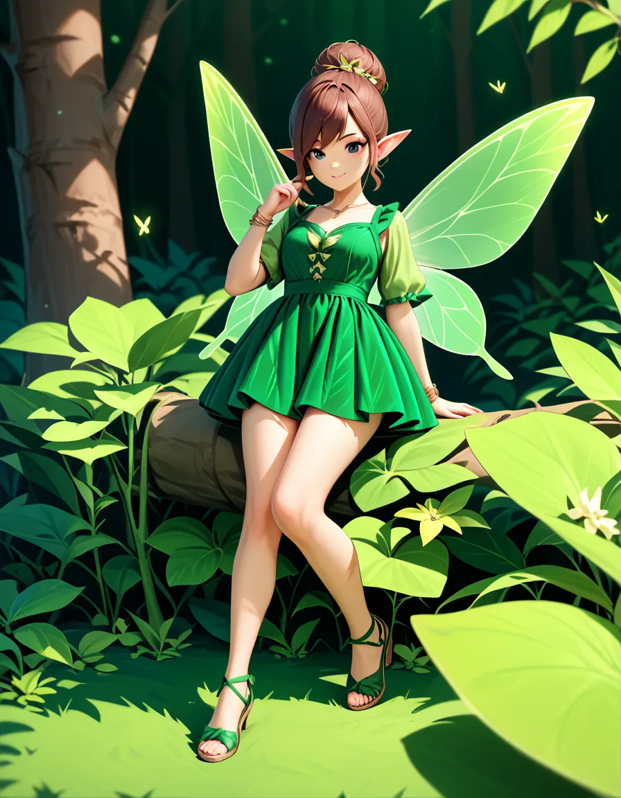 rendering of a 、 winged anime girl in green and black costume 、Green background, Pixie character, Fairy, forest Fairy, Girl using insects , brunette elf with Fairy wings, Pixie, cute 3d anime girl rendering , April Rendering, Fairy dance, opens legs