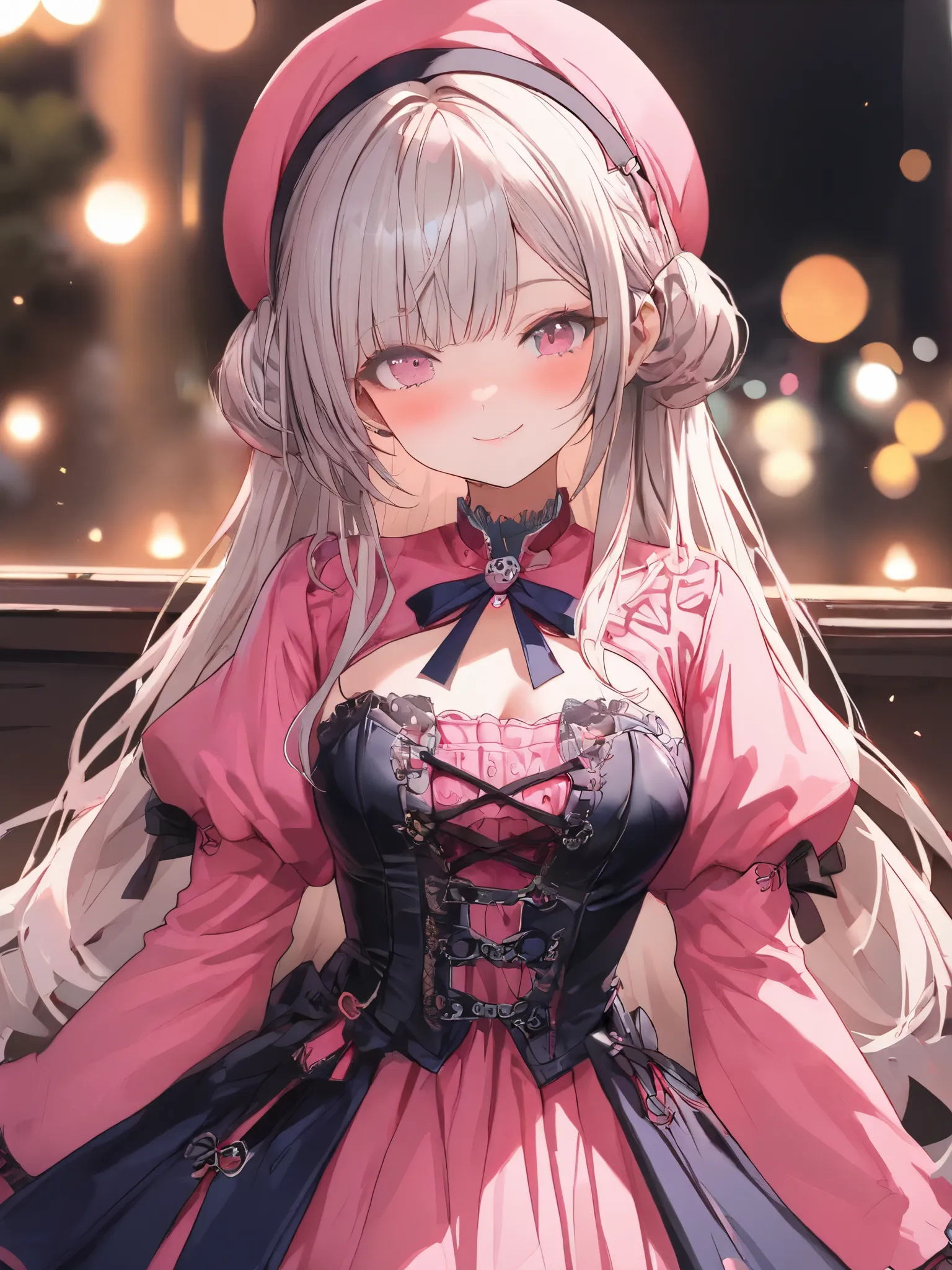 very young cute girl, Late Night, A gorgeous palace,  Silver Hair, head band, (Ultra High Definition:1.1) , (High Resolution:1.3), (navy and pink costume), wear a (navy bustier dress:1.2) over a pink blouse, layering, separating bustier dress and blouse, n...