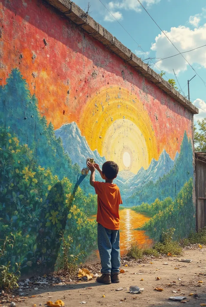 "The boy stands in front of a large, abandoned wall, using his collected materials to paint a beautiful mural. His hands move with confidence as bright colors emerge from his strokes. His artwork portrays a dream—perhaps a lush landscape or a bright future...