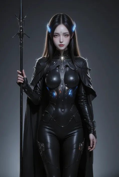 Create a futuristic, cybernetic female character standing in a striking pose. She should have sleek, black armor that hugs her figure, with subtle, glowing blue accents. The armor should feature various futuristic symbols and numbers, adding a complex, hig...