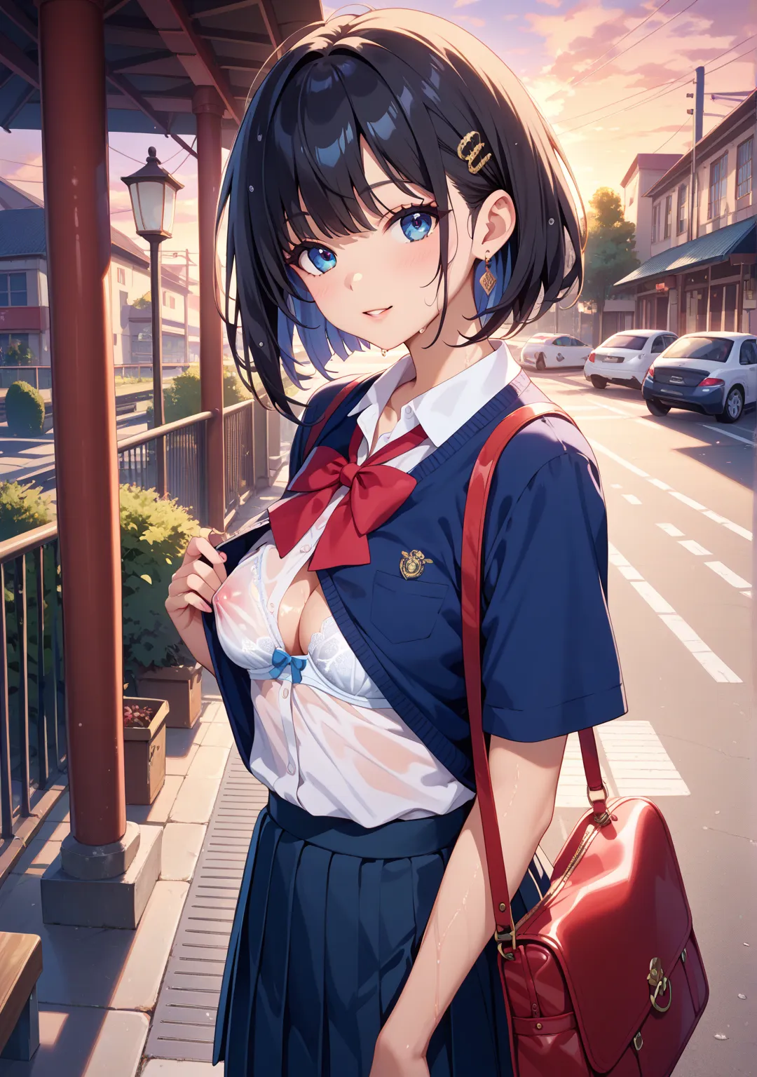 nsfw,girl,glamorous,straight hair,short hair,{{{black hair}}},blue eyes,{{{One breast is coming out,One nipple is coming out}}}wispy bangs,see-through,is wet,rainbow,school uniform,white bra,station,evening,bag