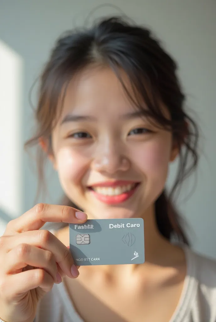 A young Japanese girl is smiling with her debit card