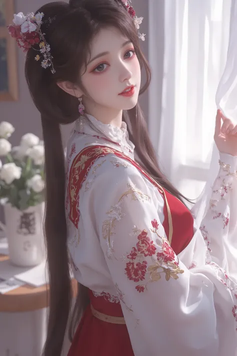 best quality, ultra-detailed, huge filesize, wallpaper, day, indoor, chair, curtain, bishoujo, black hair, long hair, bob cut, black eyes, red eyeshadow, big breasts, hair bow, smirk, stand, head tilt, hand on own chest, gorgeous, big top sleeves