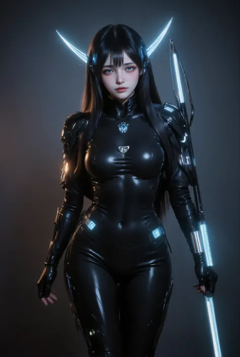 Create a futuristic, cybernetic female character standing in a striking pose. She should have sleek, black armor that hugs her figure, with subtle, glowing blue accents. The armor should feature various futuristic symbols and numbers, adding a complex, hig...