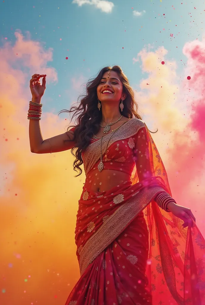 A indian woman  in saree with all chain bangles bindi dancing in Holi with holi background fly powder in sky and the background  sld be like sky and with a smile