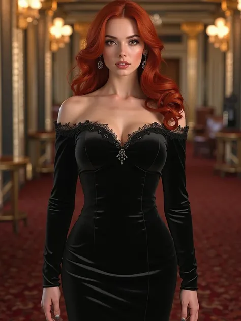 Women long Red hair curvy Figure formal long sleaves shoulderless Black velvet dress on board the Queens Mary 2 