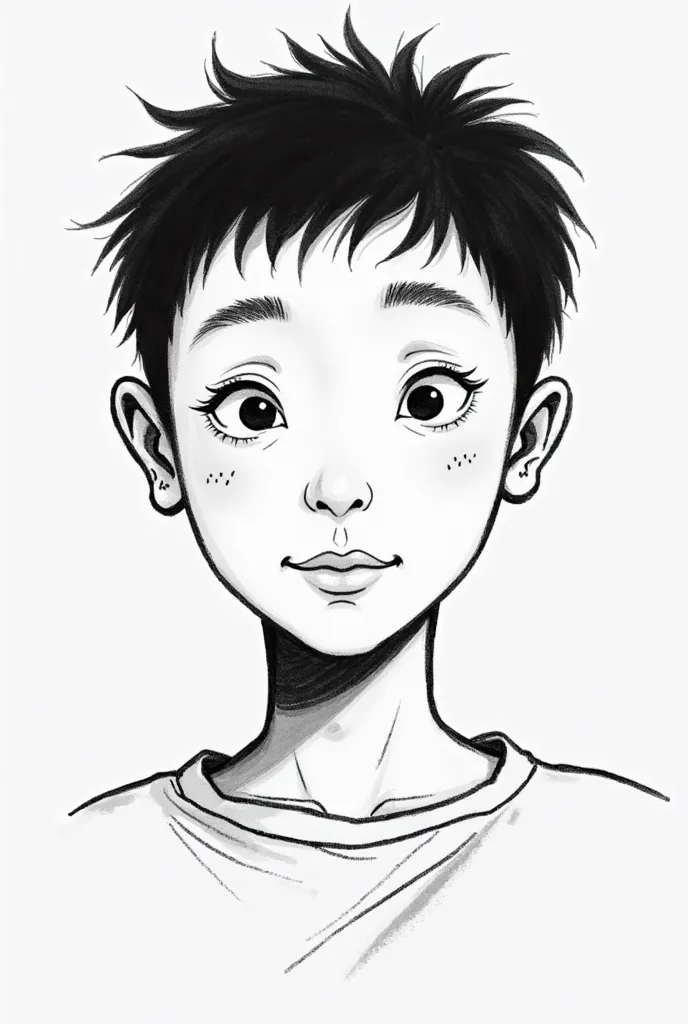 For my book, make a simple illustration, which will be about the difficulties of being an Asian in Brazil. Make a young Asian boy with small eyes (drawing as if you had done it by hand, digitally, in black and white, with feeling)