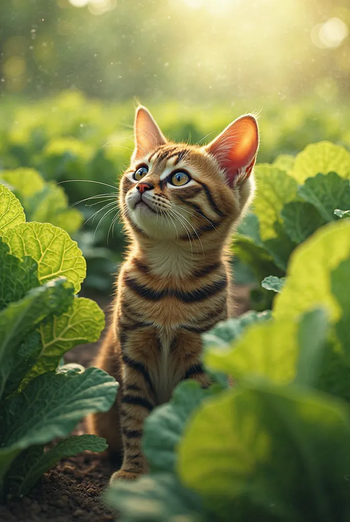 Brown cat looks at cabbage in the field.