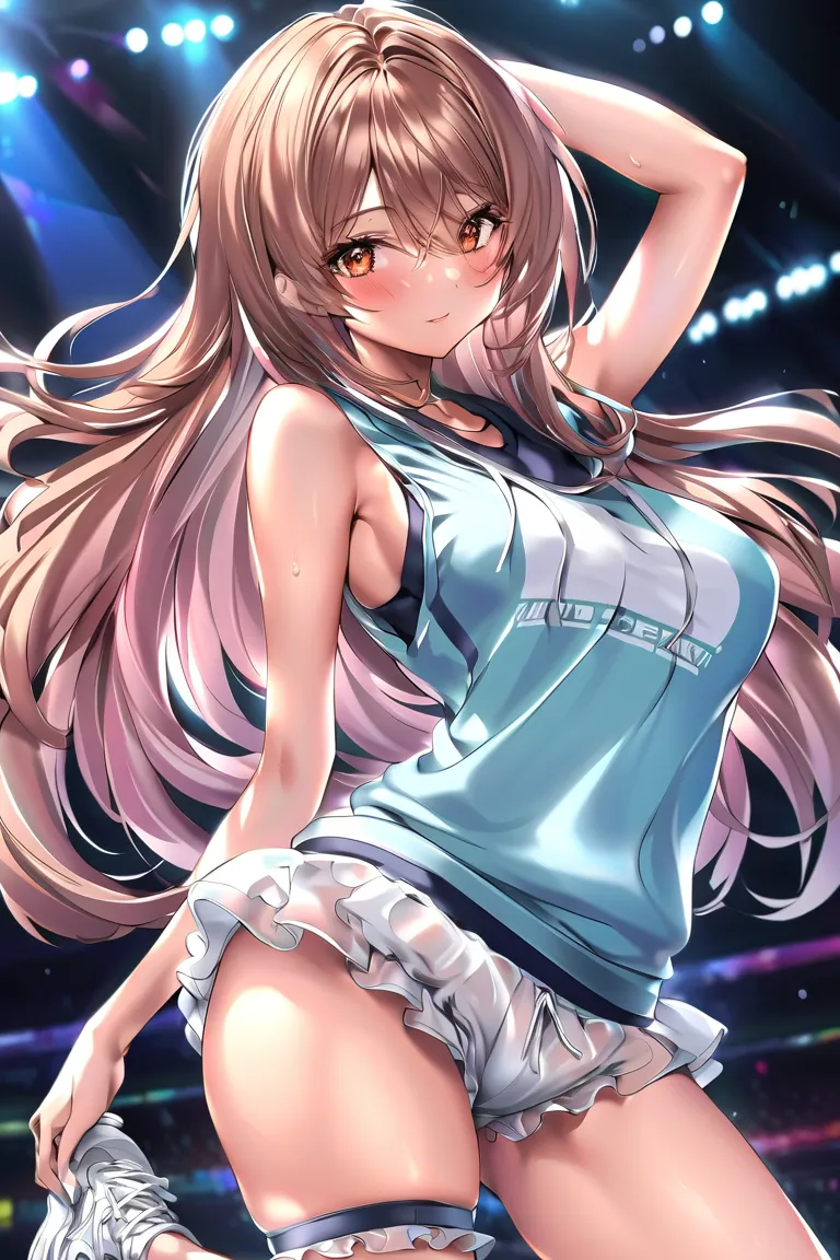 (top quality:1.2,  anime artwork ,  anime style,  studio animation , very well detailed, latest, lively, anime coloring, high contrast, masterpiece:1.2, top quality, Aesthetics at its best), brown hair, beautiful thighs,   Perfect body lines,  bloomers, gy...