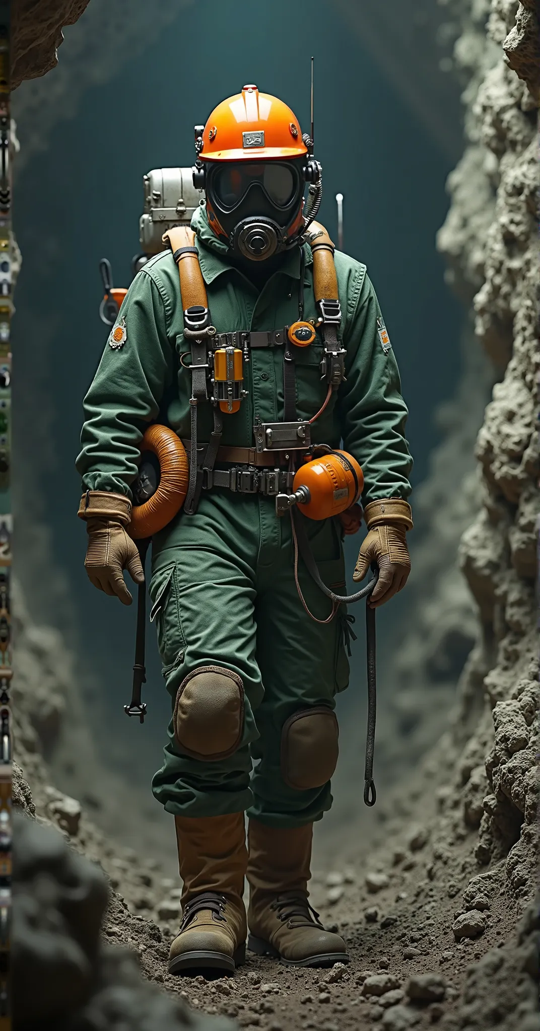 mining man with orange diver green helmet long boots belt with self-rescuer in an underground mine 