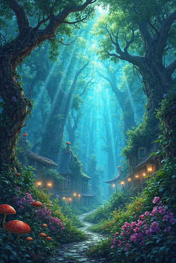 Prompt:

"A dense and mysterious forest stood near a small village, but this was no ordinary forest—it was an enchanted jungle " picture gernat kr do 16:9 background green and blue 