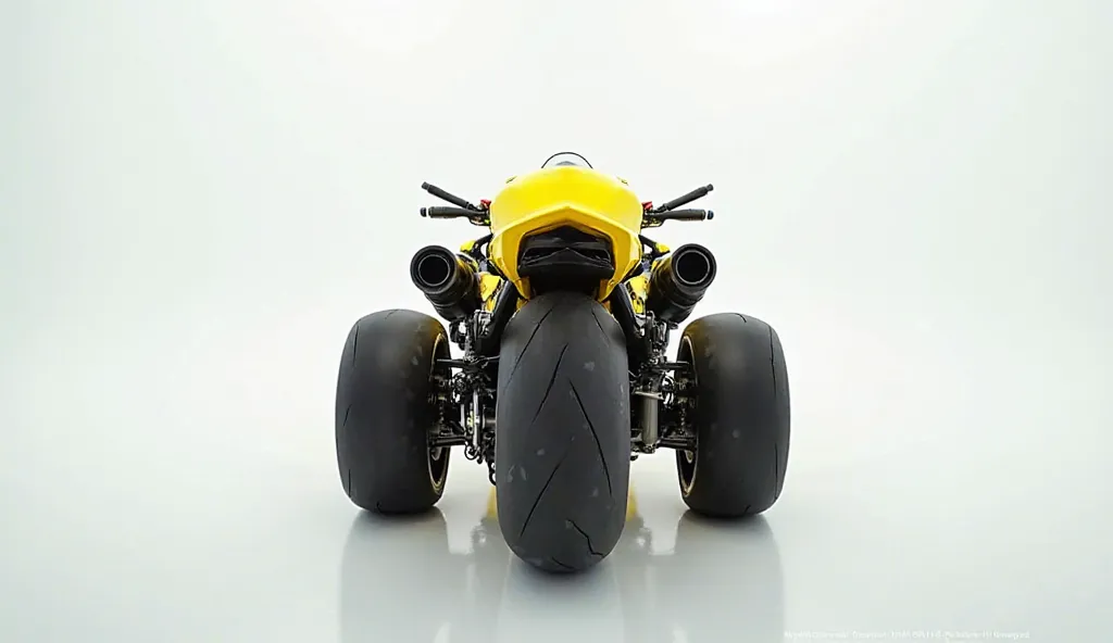 A captivating image of a ( 2025 Suzuki Hayabusa bike) in yellow colour taking in a white room. The back view highlights the cutting-edge innovation and technology of its time, enticing potential buyers to experience the future of automotive design and perf...