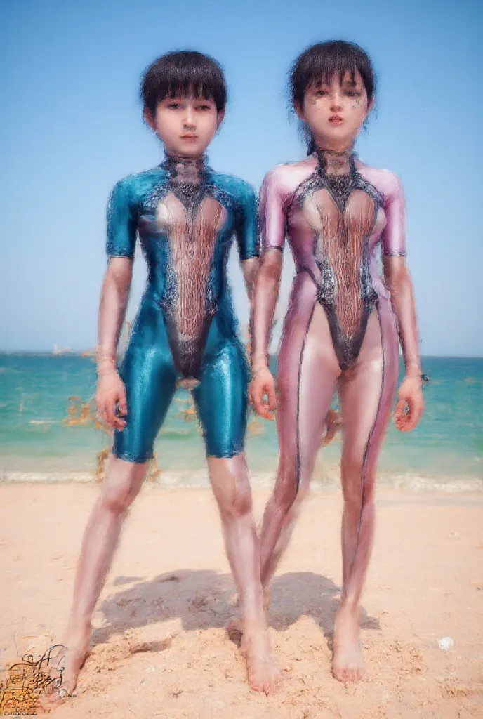 Young siblings in swimwear wearing latex jerseys and leggings 