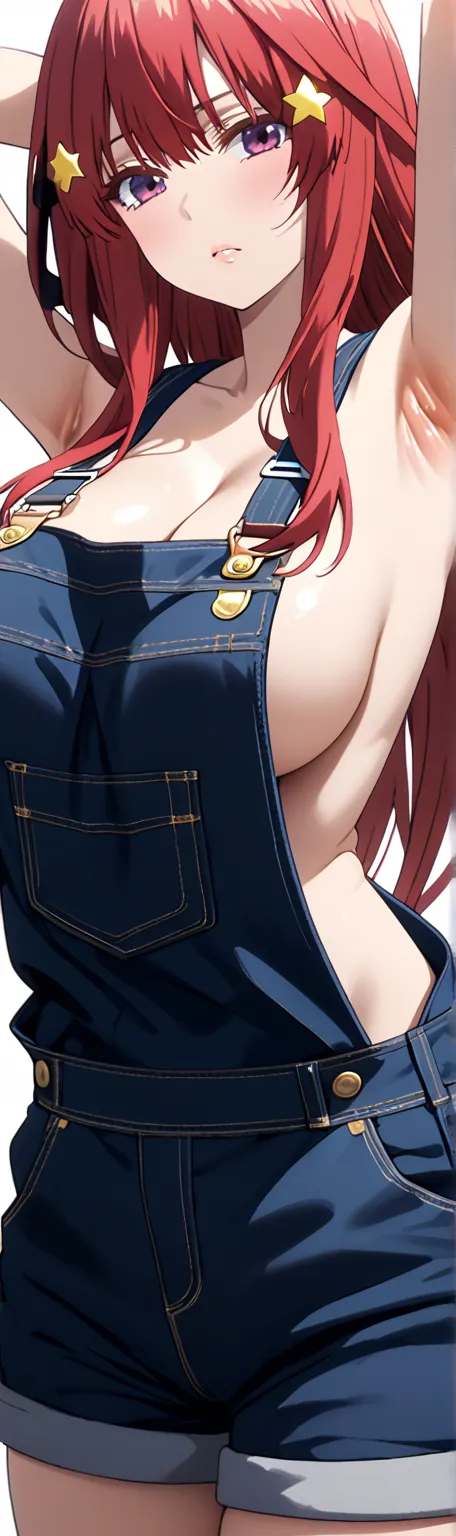 (top quality、greatest masterpiece、detailed、4K)、One Woman、、red hair、long hair、((( Nakano Satsuki)))、 star-shaped barrette、super big boobs、 completely naked、beautiful side、((arms behind head))、((Armpit Zoom))、((overalls with tesha cancer))、((shorts))