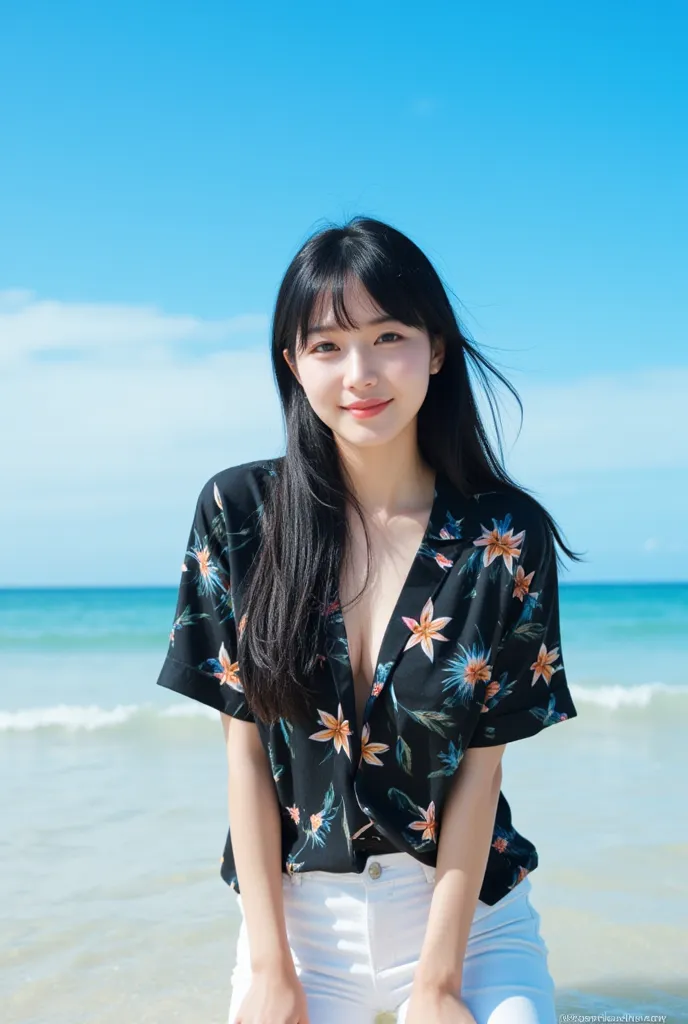 Closed up  Asian woman with long bang black hair, standing in shallow ocean water, wearing a black hawaii shirt , white jeans shot, bright sunlight, clear blue sky, watermark, slender physique, small breasts, smiling, watermark in the bottom center, high q...