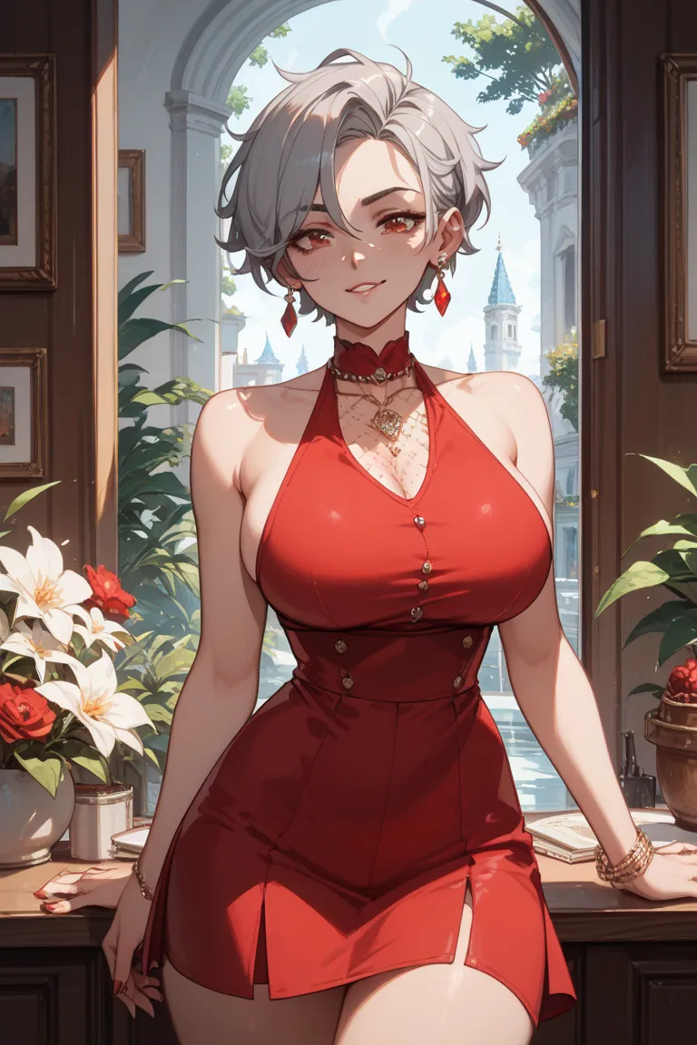 Deaconess　long gray hair　Red and white odd-eye　sleeveless shirt　Big Breasts　 Tall　whiplash